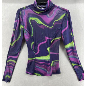 Fabletics Shirt Women Sz S Purple Sheer Multicolor Waves Activewear Turtleneck‎